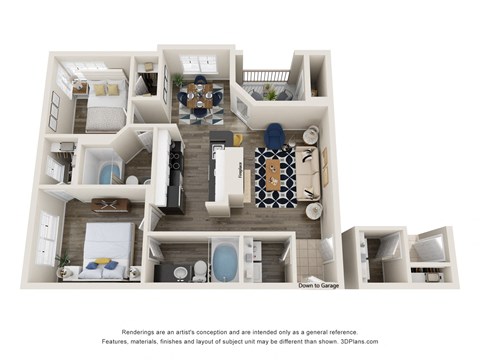 Floor plan for 2 beds, 2 baths, 974 sqft